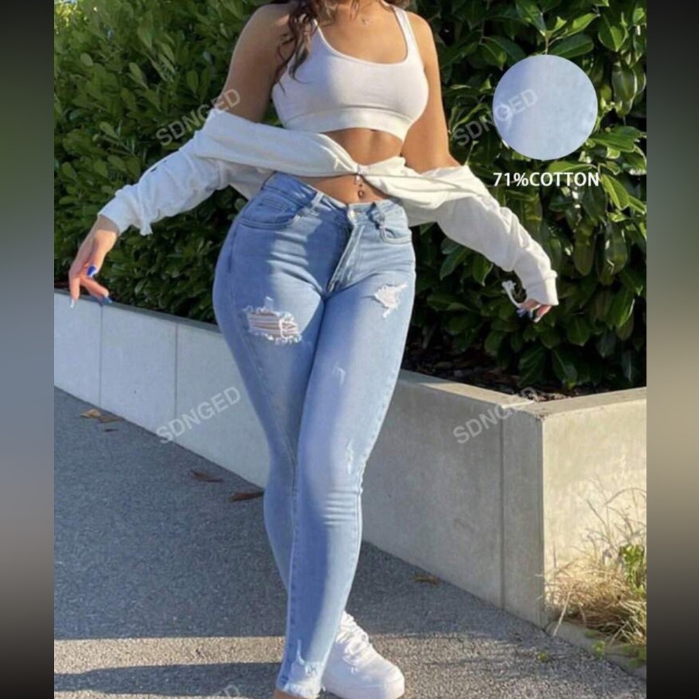 SHEIN Sexy Distressed Light-Coloured Skinny Jeans